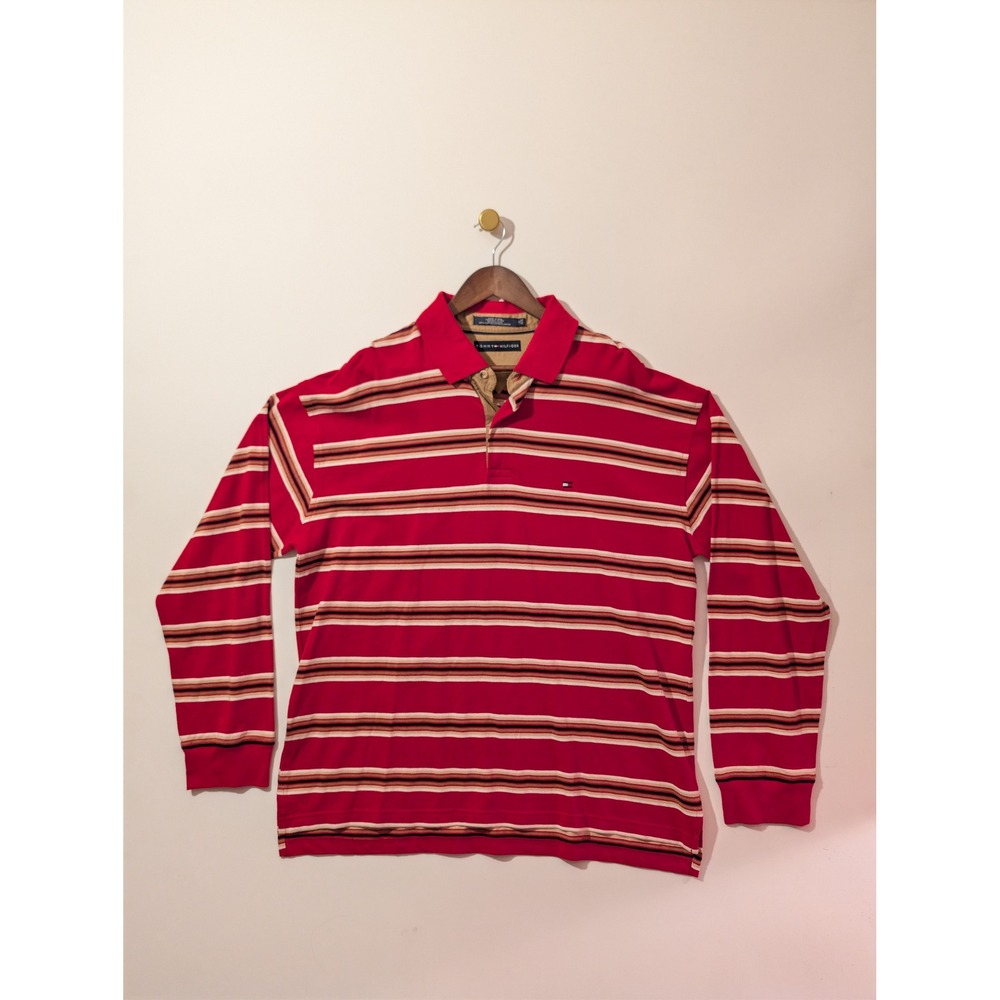 Tommy Hilfiger Polo Shirt Mens XL Red Striped Long Sleeve Excellent Rugby Style